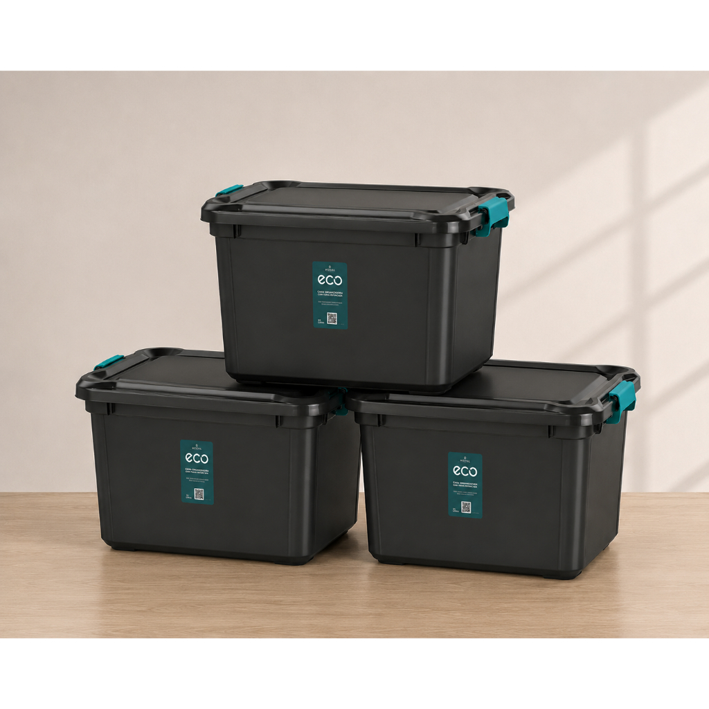 Kit 3 Caixa Organizadora 27 Litros Grande Com Tampa e Travas Cesto Brinquedos e Multiuso Empilhável