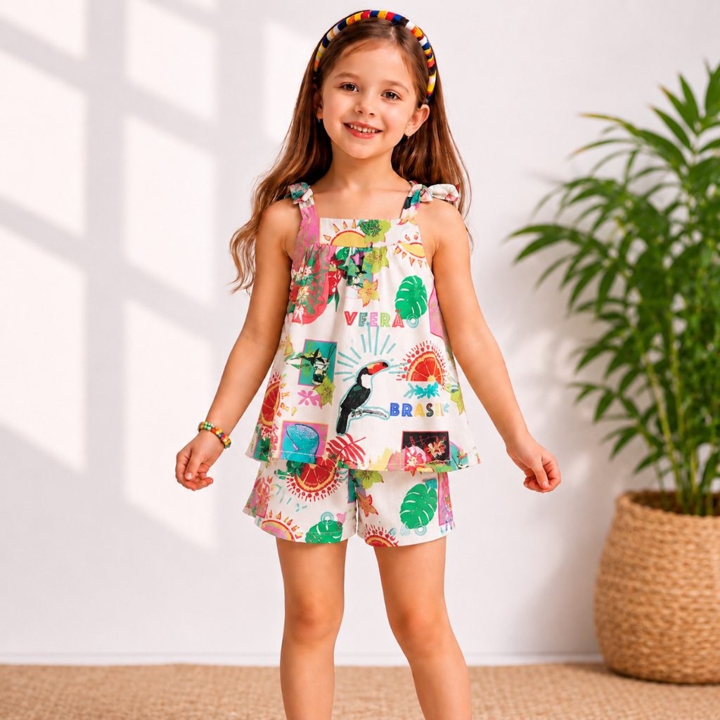 Conjunto Menina Infantil Juvenil  Verão Casual Colorido Em Viscolinho Blusa + Short Dia Das Criança