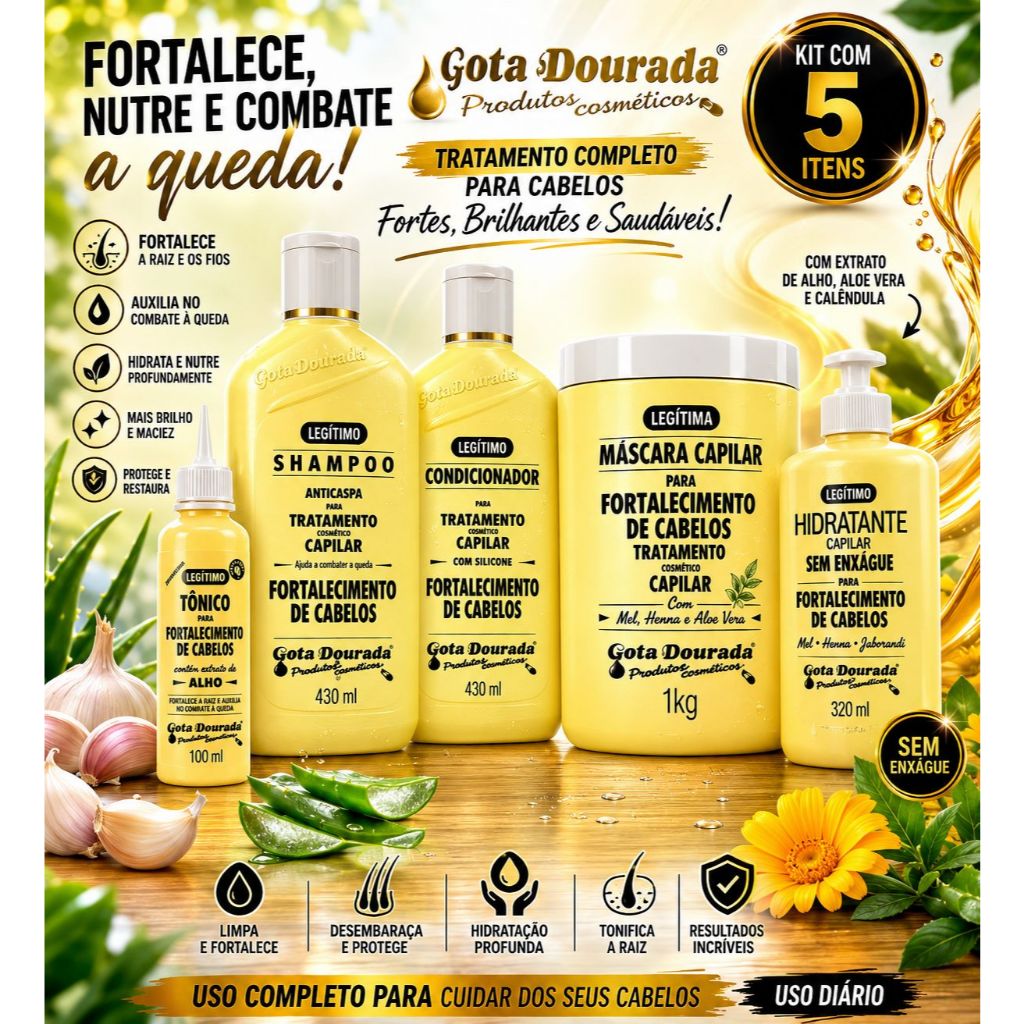 Kit Shamp+Cond 430ml + Máscara 1kg + Creme 320g + Tônico 100ml Tradicional Gota Dourada