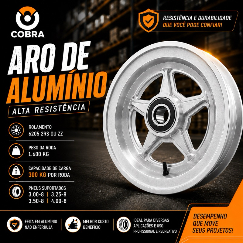 Roda Aro 8 de aluminio com rolamento 6205 300kg carretinha de moto para pneu 3.50-8, 400-8 kit cobra