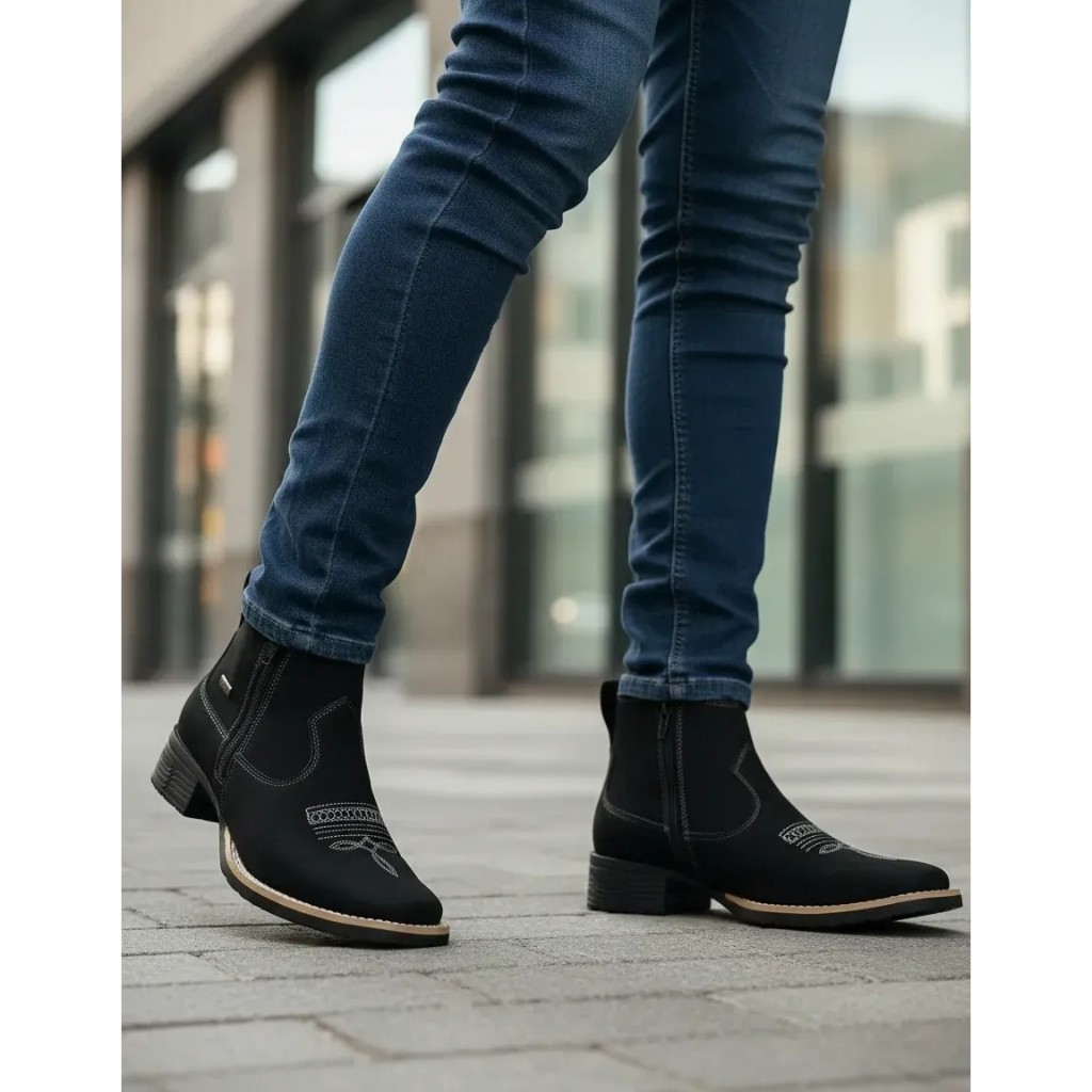 Botina Estilo Agro Feminina Zebu Nobuck Preto 71030 Country Original Em Couro Bovino Bota