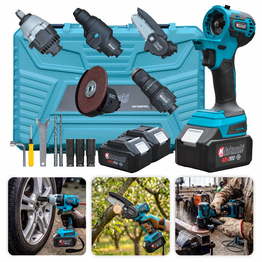 Kit 5 Em 1 Ferramentas A Bateria 48v Nakasaki Brushless Martelete Furadeira Esmerilhadeira Motosserra Chave de Impacto