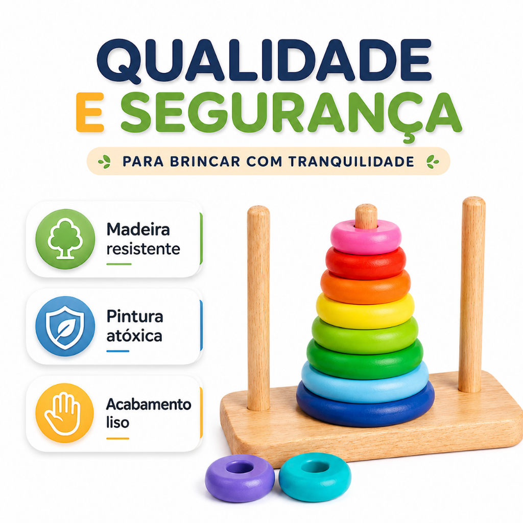 Detalhes do Brinquedo Pedagogico Torre De Hanoi Torre Empilhar Madeira Pinos Educativo Desafio Cores TEA Autismo