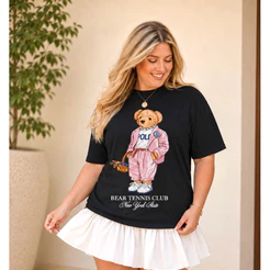 Camiseta Feminina T Shirt Plus Size Urso Estampa Premium Algodão Casual Confortável Tendência