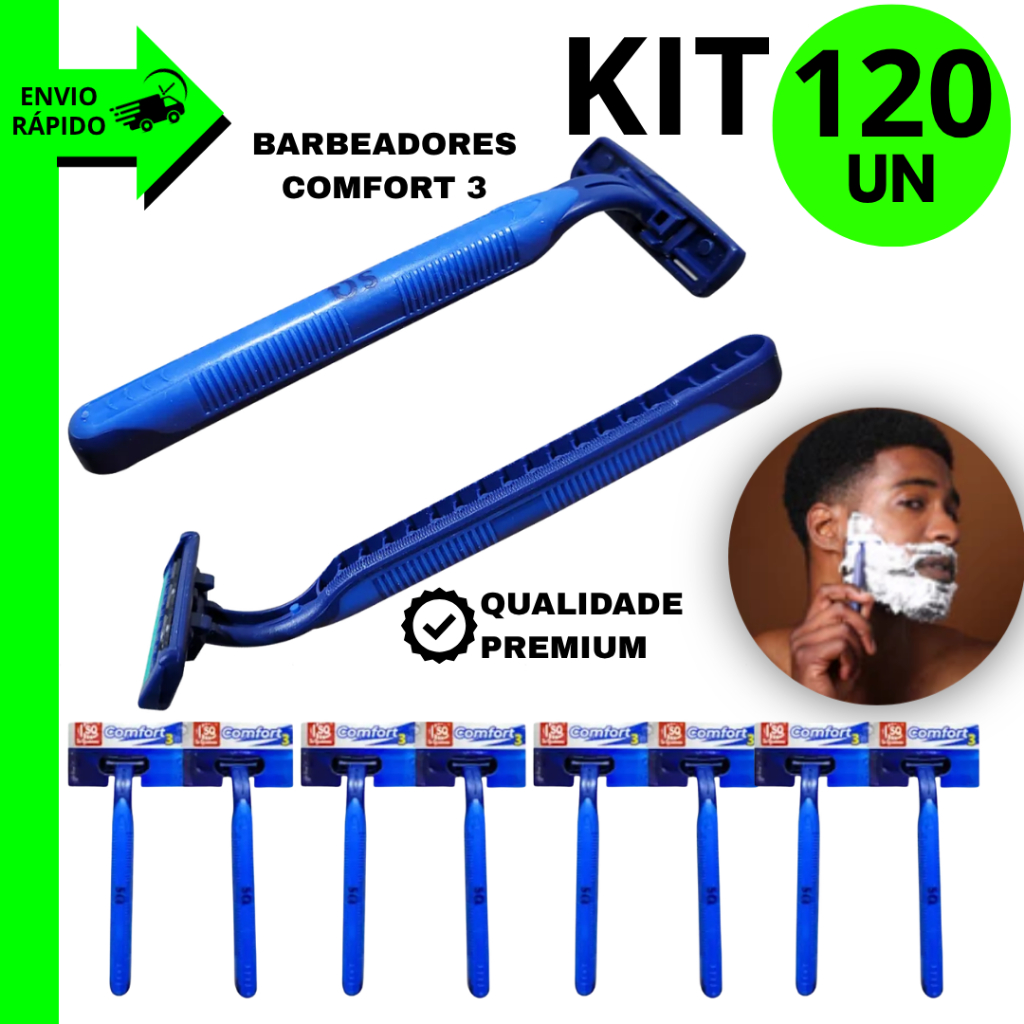 Kit 120/84/60/48 Unidades Barbeadores Comfort 3 Descartável Premium 3 Lâminas Resistente Uso Diário