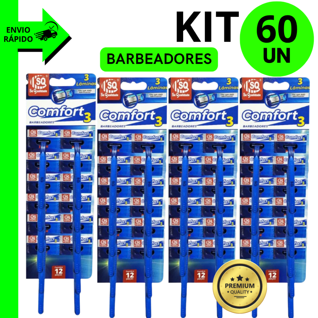 Kit 60/48/36/12 Unidades Barbeadores Comfort 3 Premium Com Três Lâminas Para Barbear Eficiente
