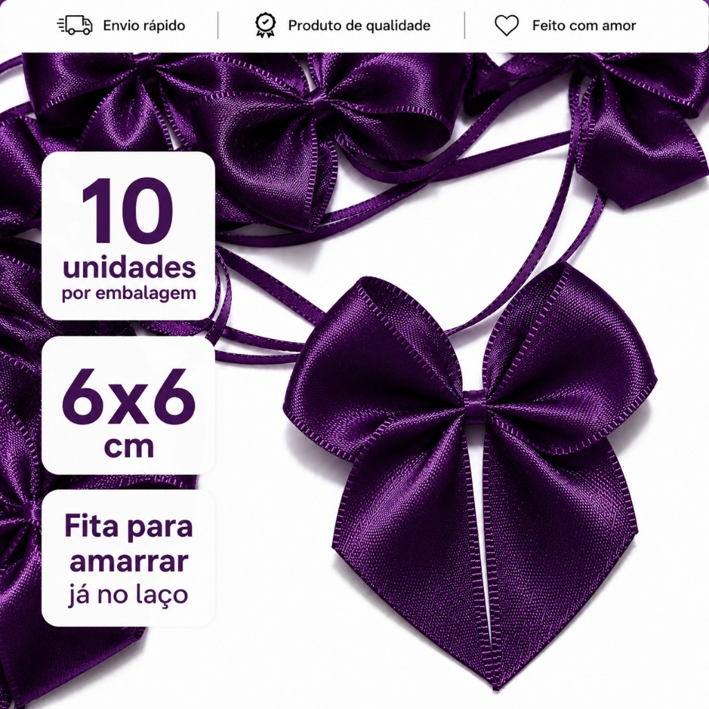 Laço Lacinho de Cetim Nº5 Plus 6x6cm com Fita para amarração 10 unidades Decorações, esferas acrílicas, personalizados