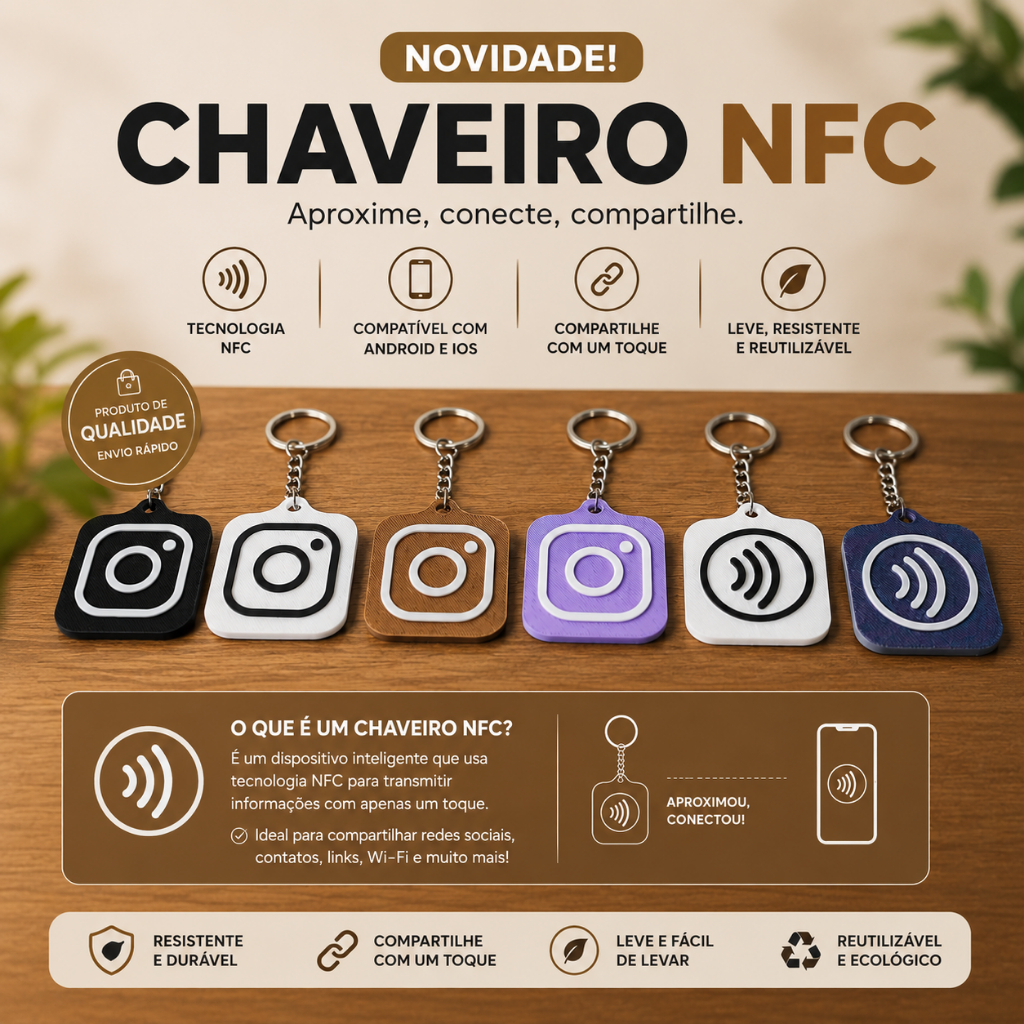 kit 2, 4, 6, 8 e 10 Chaveiros com NFC | Impressão 3D PLA | 3,5cm