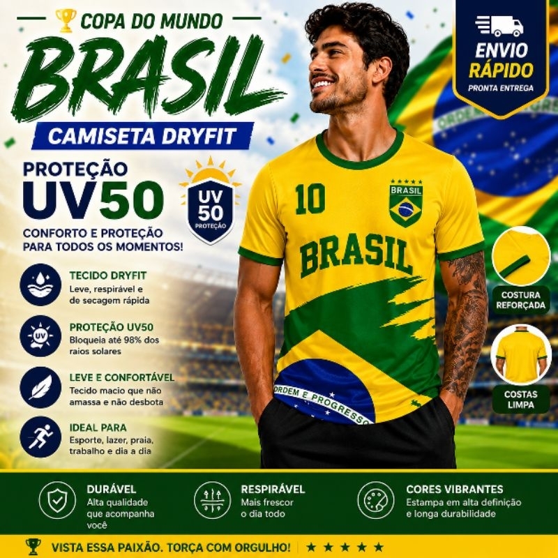 Camiseta Amarela Brasil Seleção Brasileira Torcedor Camisa 10 Copa do mundo Hexa Dryfit