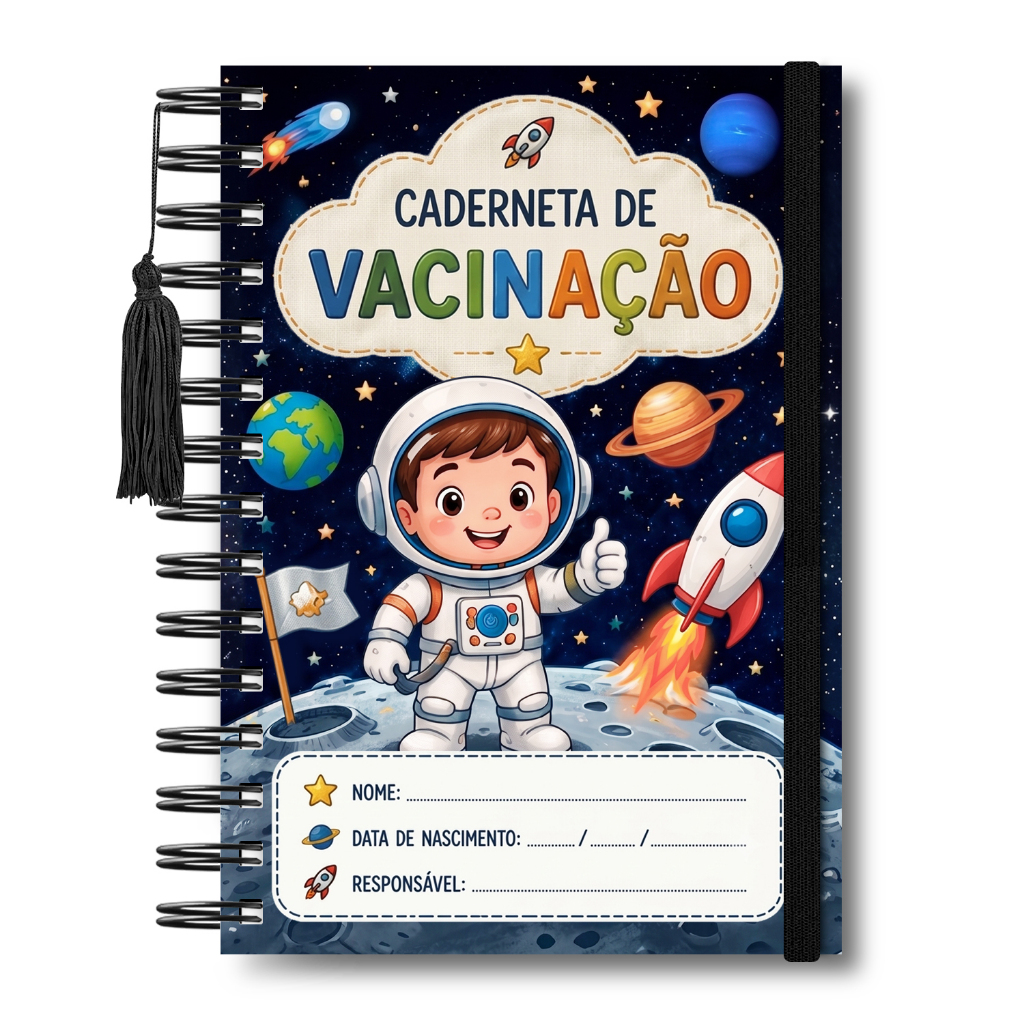 Caderno Caderneta Vacinação Astronauta Saúde Capa Dura Crianças Menino Infantil Espaço Planetas