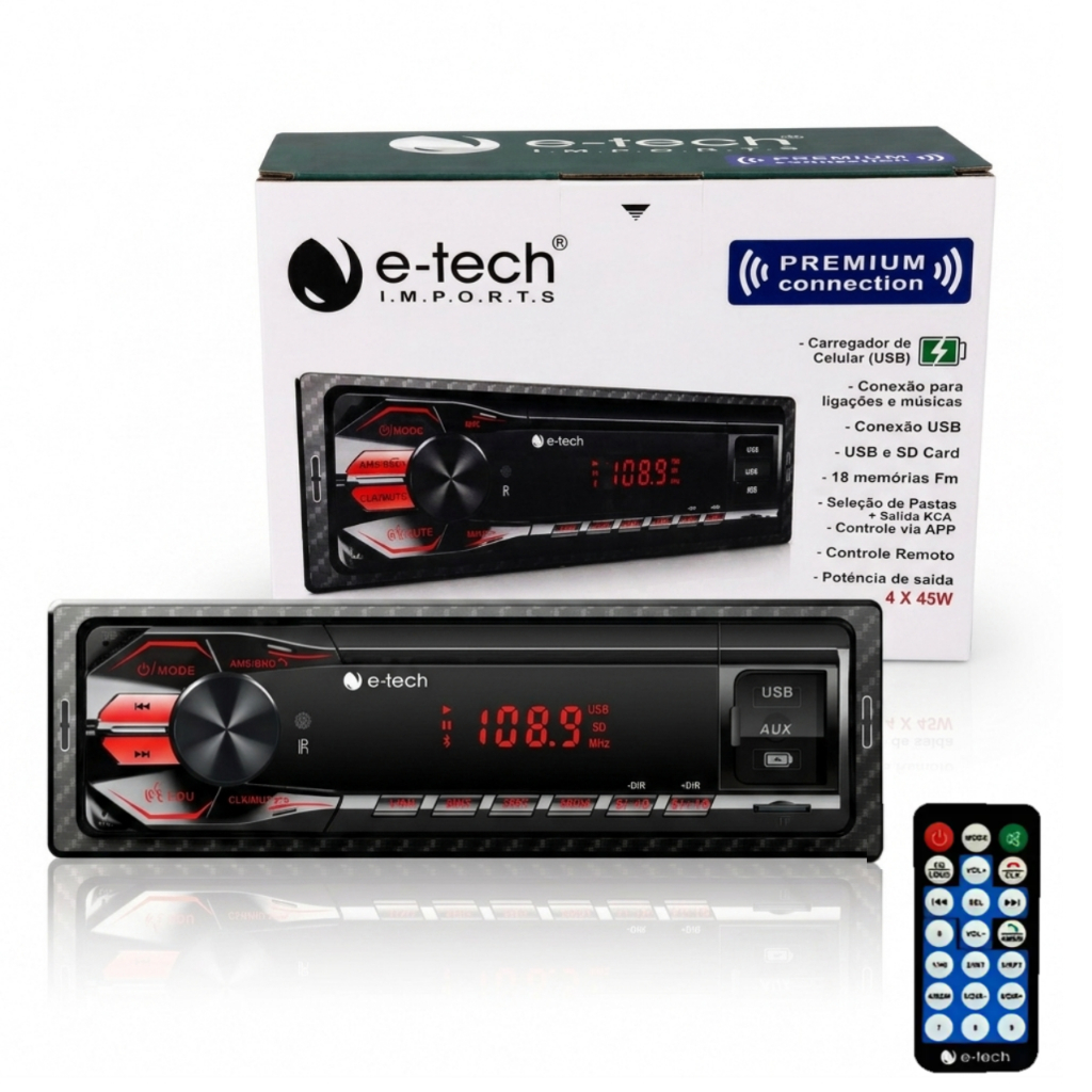 Radio Automotivo E-tech Premium Caixa Verde 2 Usb Fm Bluetooth 4x45w Via App