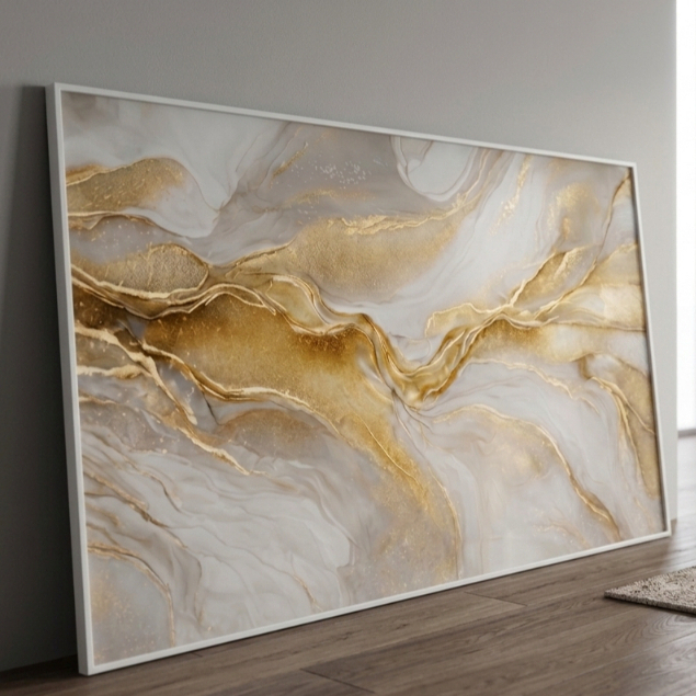 Quadro Decorativo Sala Abstrato Dourado 90x60 cm com Vidro 3mm e Moldura Premium