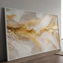 Quadro Decorativo Sala Abstrato Dourado 90x60 cm com Vidro 3mm e Moldura Premium para Sala de Estar