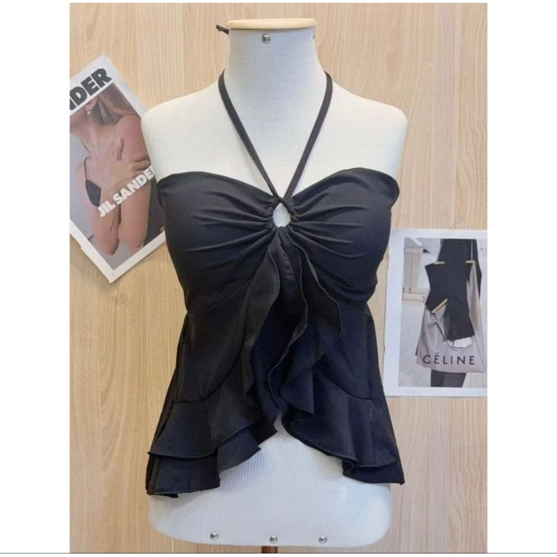 Blusa Feminina Frente Única Babado Elegante Cetim Moda Blogueira