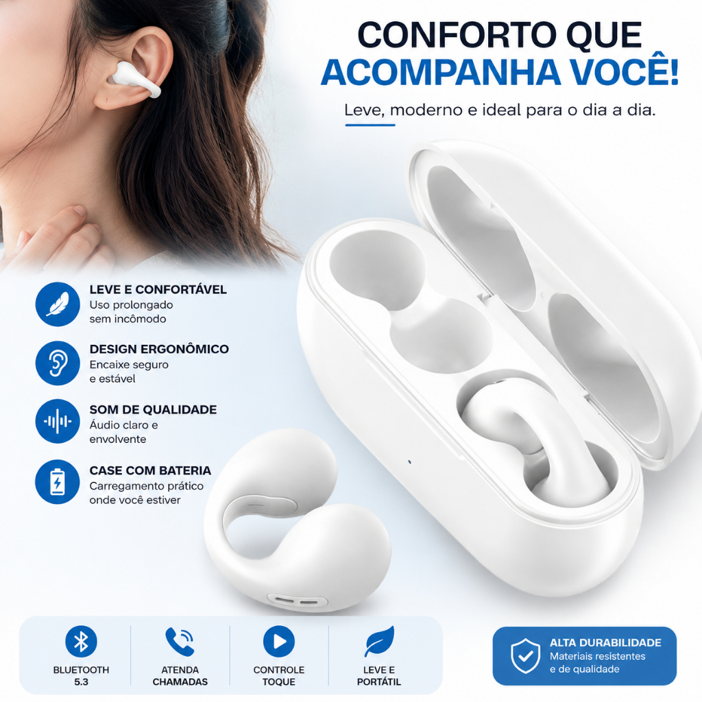 Fone Bluetooth Earcuff Condução Óssea Sem Fio Bluetooth 5.2 Esportivo Atende Chamadas