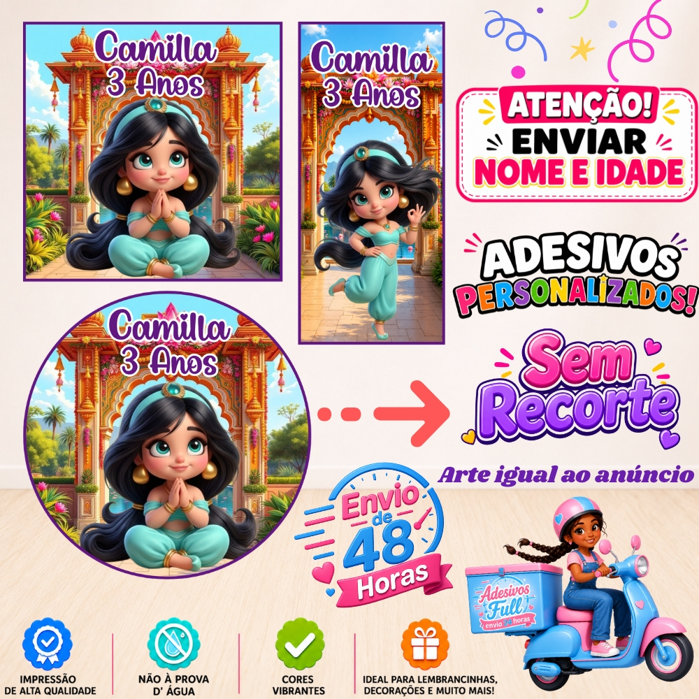 Princesa Jasmine Baby - 100/60/40 Adesivos Personalizados Lembrancinhas Festa Aniversário