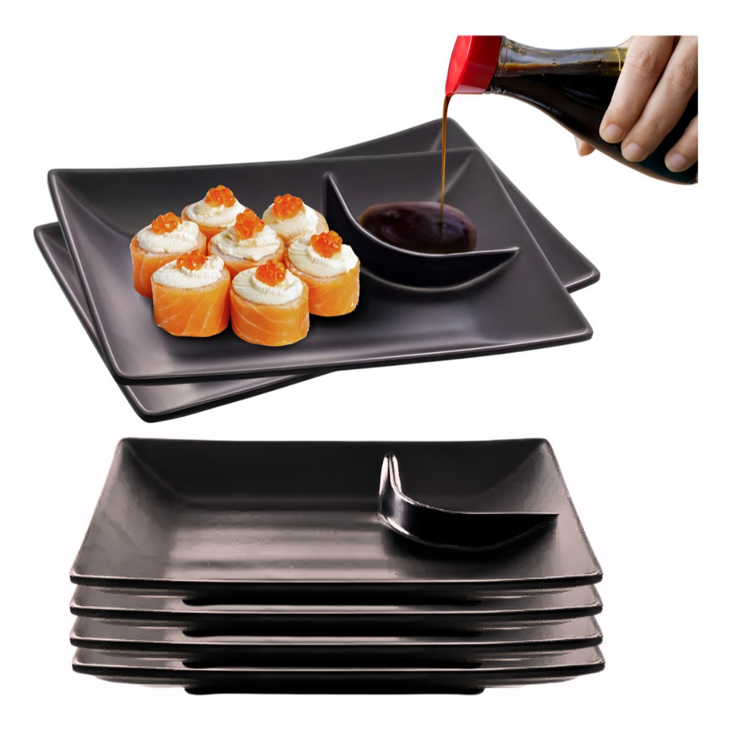 Kit Pratos Para Sushi Com Molheira Melamina Preto Retangular Comida Japonesa 19x12,5cm
