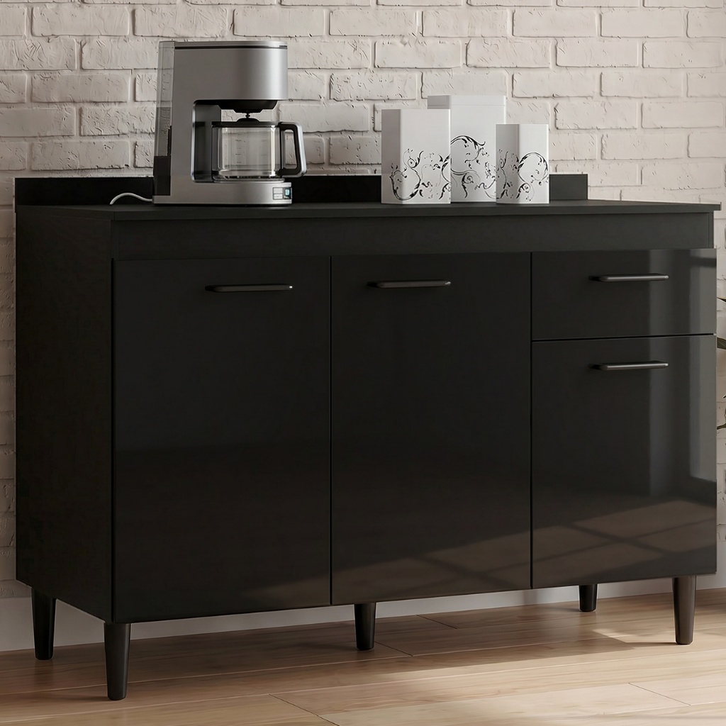 Balcão Cozinha Pia 120cm com Tampo Classic P11 Preto/Marmore - Mpozenato