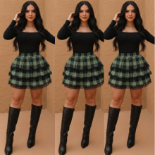 Saia Feminina Xadrez Preto e Vermelho com Camadas em Tule Moda Outono