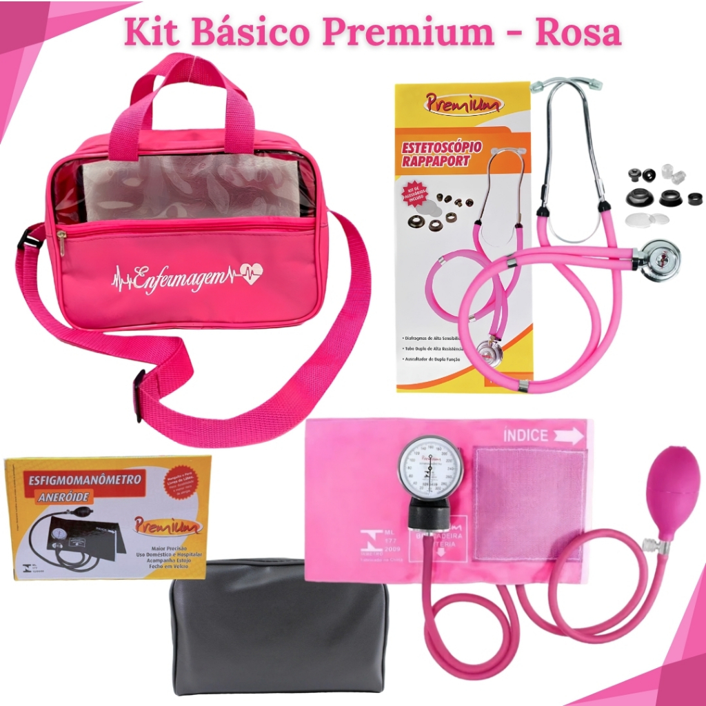 Kit Acadêmico de Enfermagem Básico com Medidor de Pressão Analógico e Esteto Adulto e Infantil - 4 itens