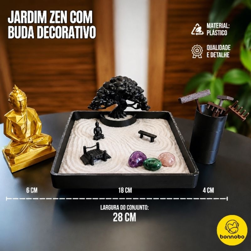 Jardim Zen com Buda Decorativo com Areia Branca e Acessórios - Decoração Espaço Zen e para Meditação