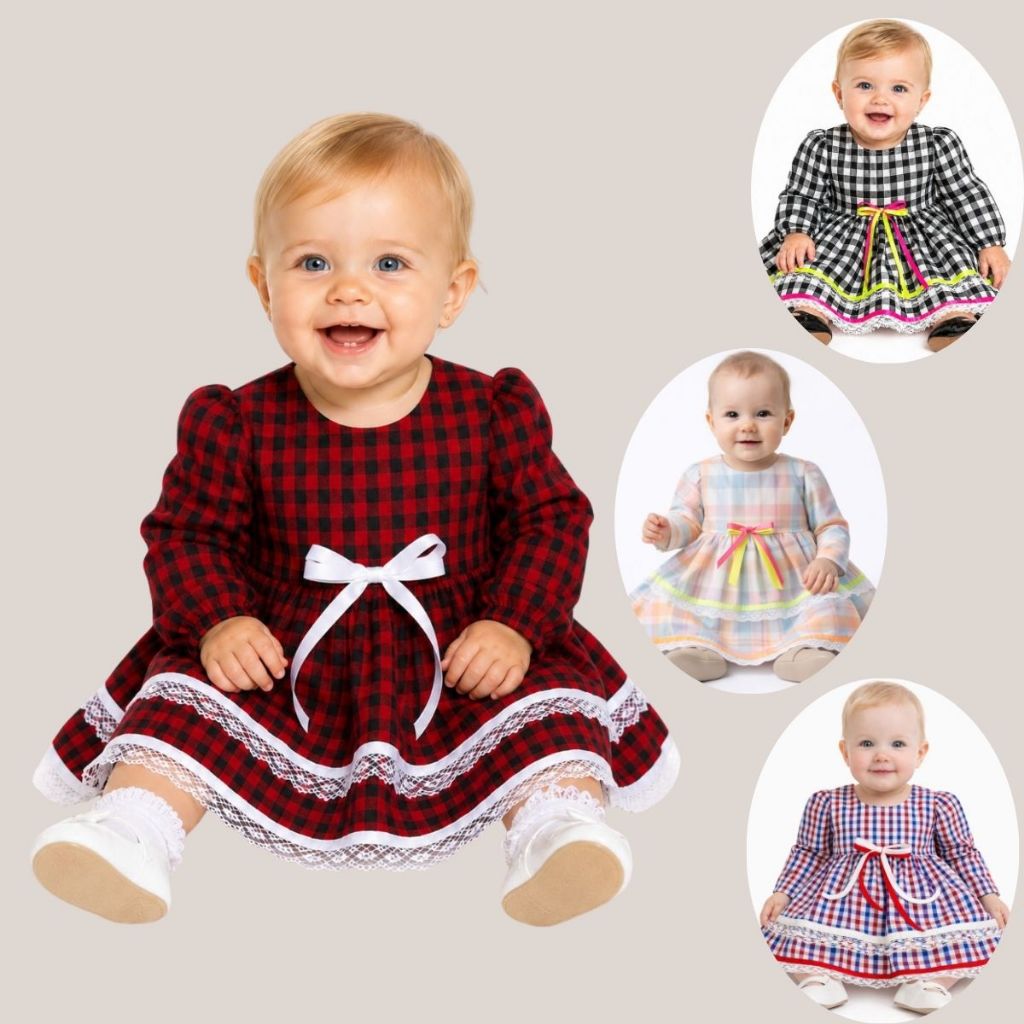 Vestido Junino Bebê Menina Caipira Xadrez com Renda e Laço São João Mesversário