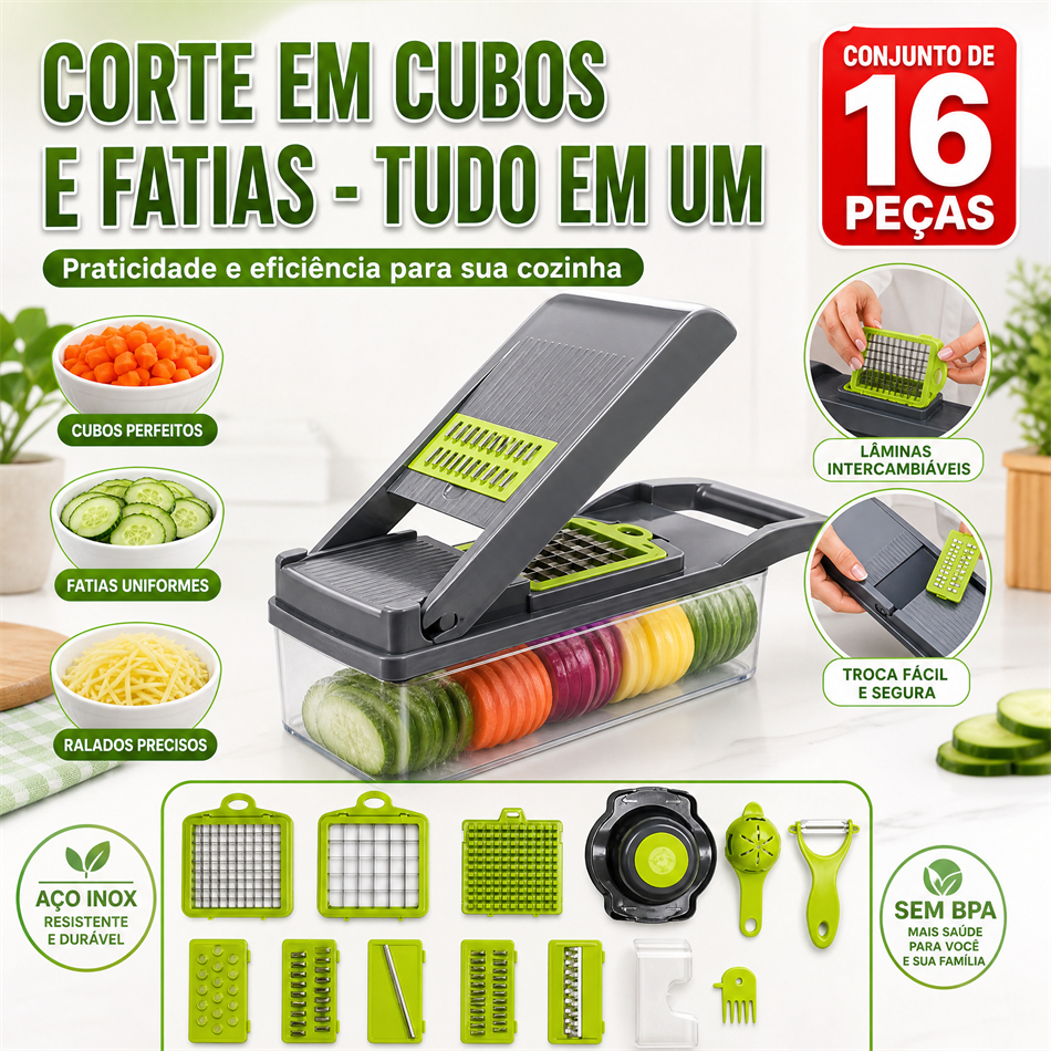 Fatiador e Cortador de Legumes Multifuncional Conjunto 16 Peças Lâminas Inox Intercambiáveis Ralador Corta Cubos Fatias