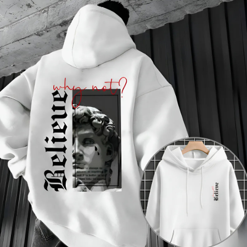 Moletom Masculino Com Capuz E Bolso Streetwear Estampado Believe Estátua Casual Estiloso Lançamento