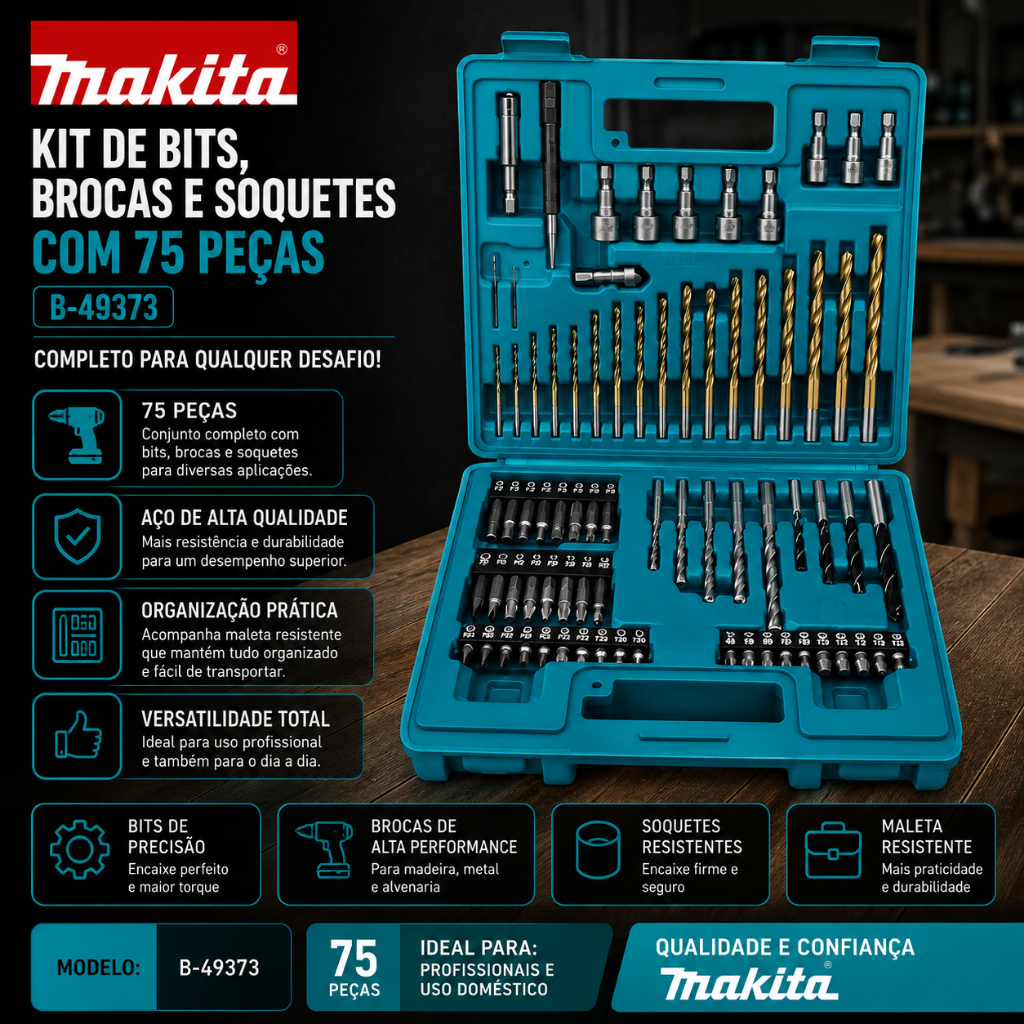 Kit De Bits Brocas E Soquetes Com 75 Peças B-49373 - Makita