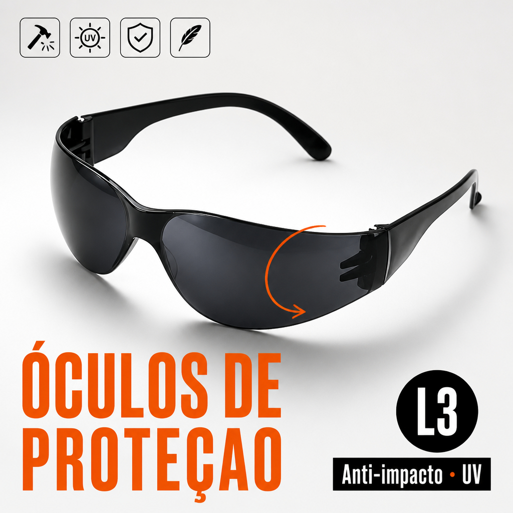 Óculos de Segurança Proteção EPI Lente Cinza Fumê UV Policarbonato Trabalho Solda Antirrisco