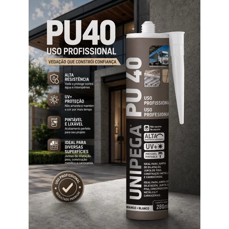 Adesivo PU 40 Cola 400g Selante Profissional Alta Resistência Para Vedação Branco, Cinza Unipega