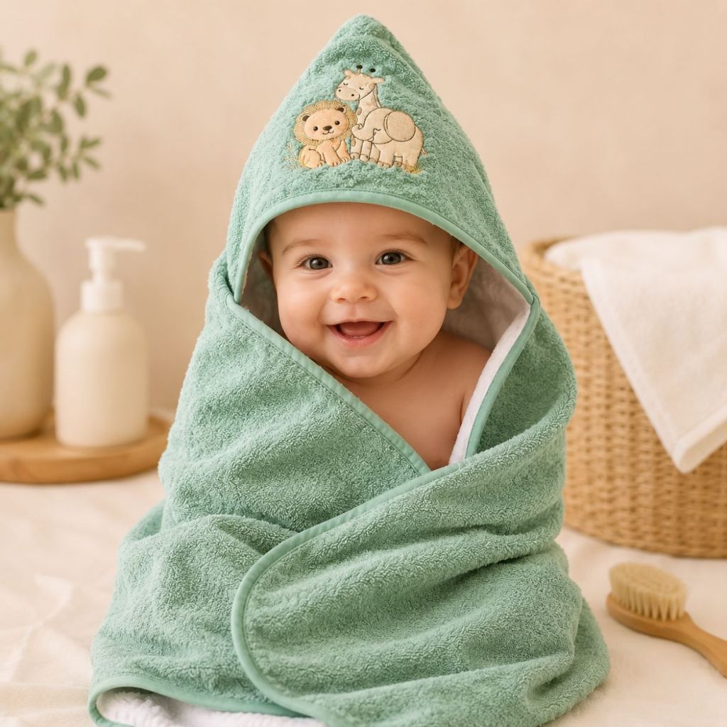 Toalha De Banho Bebe Recem Nascido Capuz Forrada Fralda Bordada Safari 68X80 Presente Enxoval
