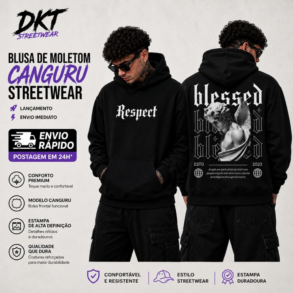 Blusa de Frio Moletom Estampado Blessed Angel Streetwear Canguru Com Capuz Bolso Flanelado Masculino Feminino