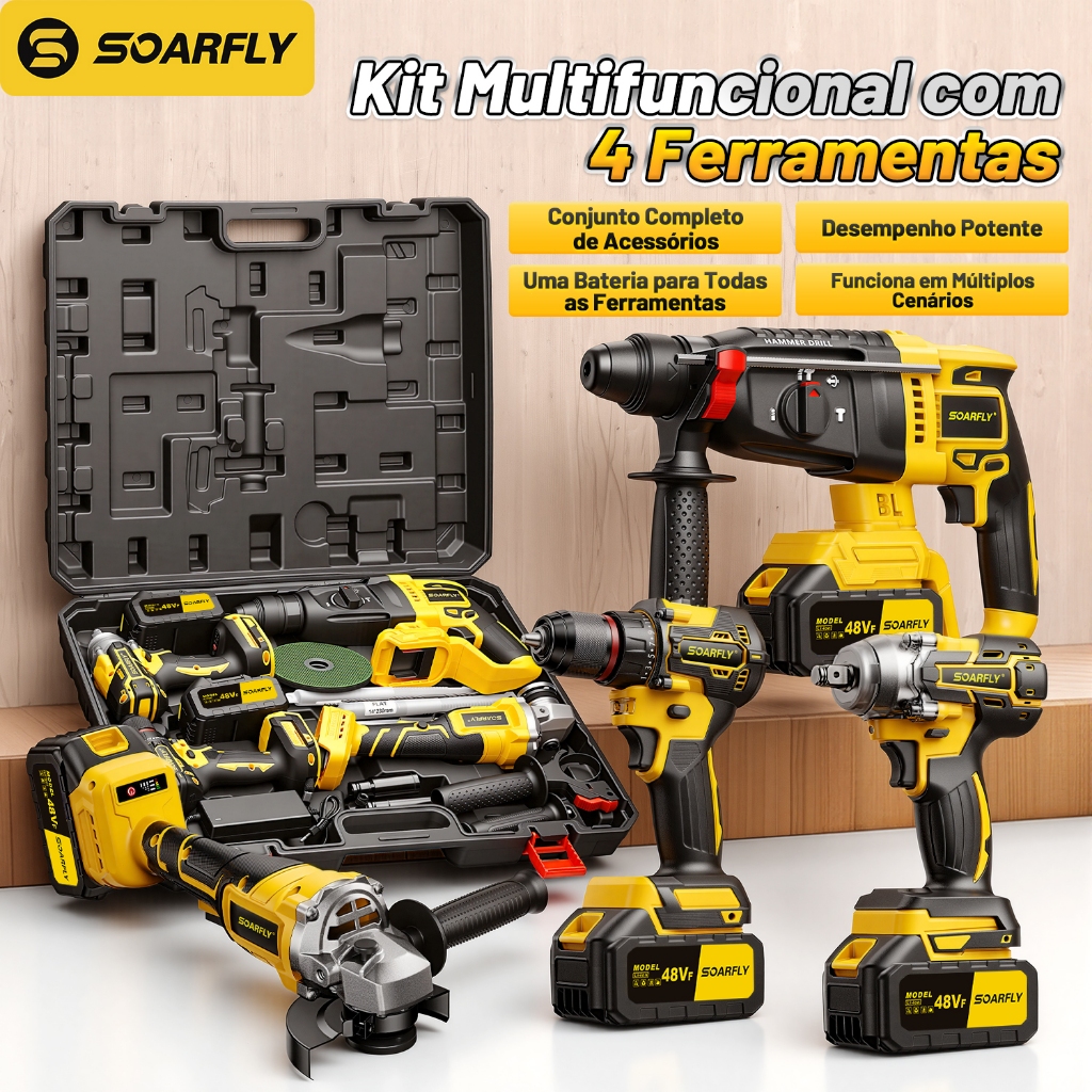 Kit 4em1 Ferramentas Com 2 Bateria  Martelete Esmerilhadeira Lixadeira Parafusadeira Chave Impacto