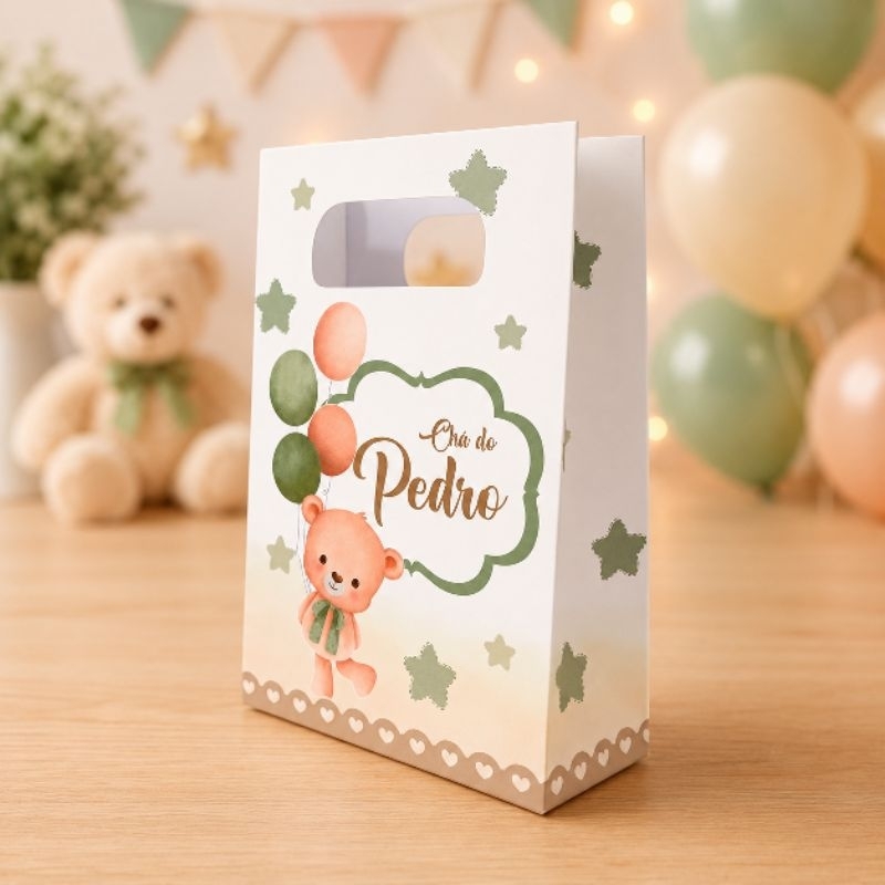 PEGUE E MONTE - Sacolinha Personalizada chá de bebê ursinho verde e marrom menino lembrancinhas para festa