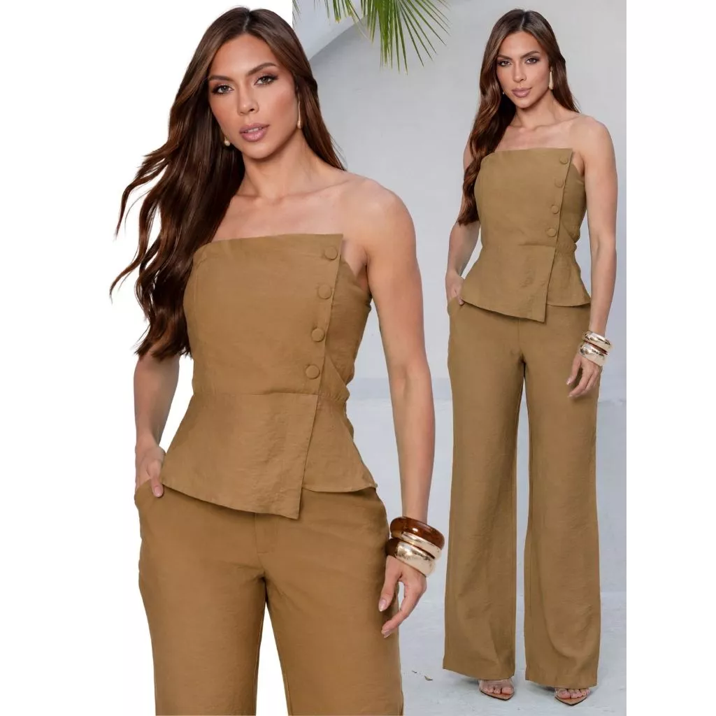 Conjunto Alfaiataria Longo Feminino Blusa Tomara que Caia e Calça Pantalona — imagem 1