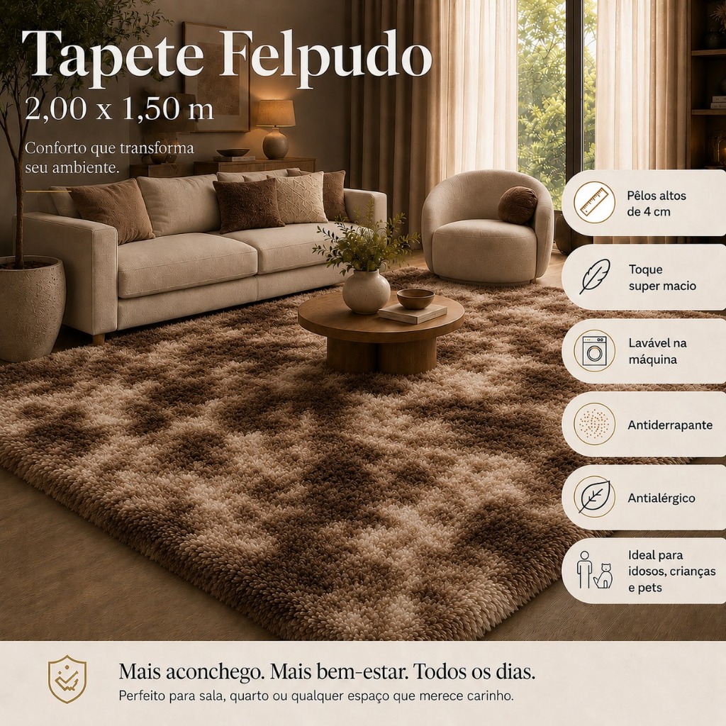 Tapete Felpudo 2,00x1,50 Peludo 4cm Antiderrapante Lavável Sala Quarto Shaggy Macio Marrom Mesclado