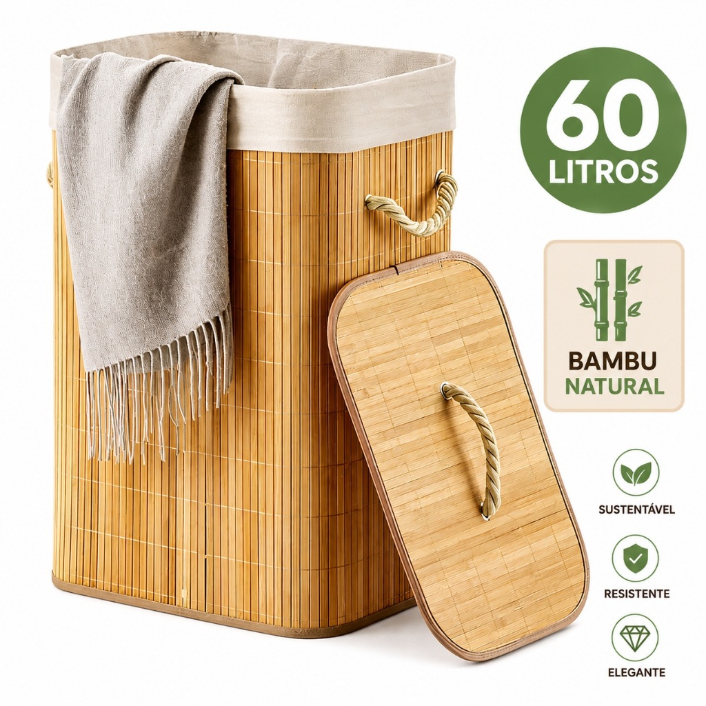 Cesto de Roupa Suja de Bambu Dobravel 60L com Tampa e Forro Removível Organizador para Lavanderia Banheiro Quarto Closet