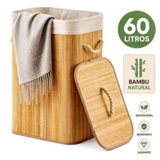 Cesto de Roupa Suja de Bambu Dobravel 60L com Tampa e Forro Removível Organizador para Lavanderia Banheiro Quarto Closet