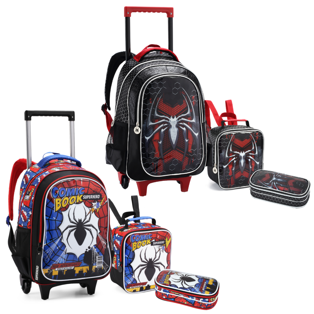 Mochila de Rodinha Menino Infantil Homem Spider Homem Aranha Escolar Kit Com Lancheira Térmica Estojo