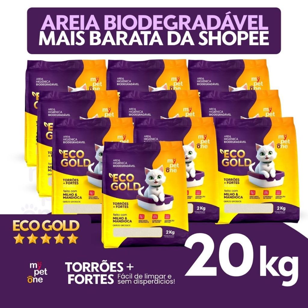 Kit 10 Areia Biodegradável Gatos Eco Gold Grossa MyPetOne 20kg