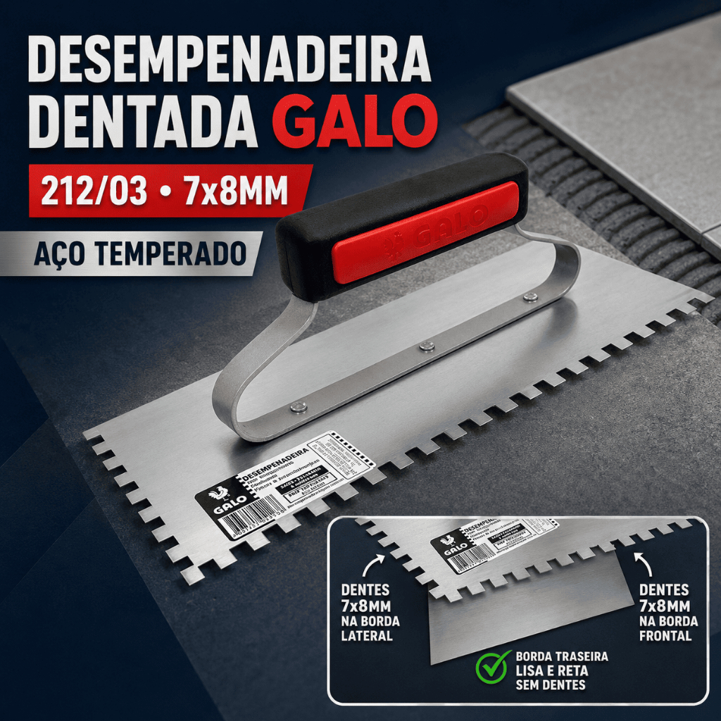 Desempenadeira Dentada Galo 212/03 Aço Temperado 29x12cm 7x8mm Argamassa Azulejo Piso