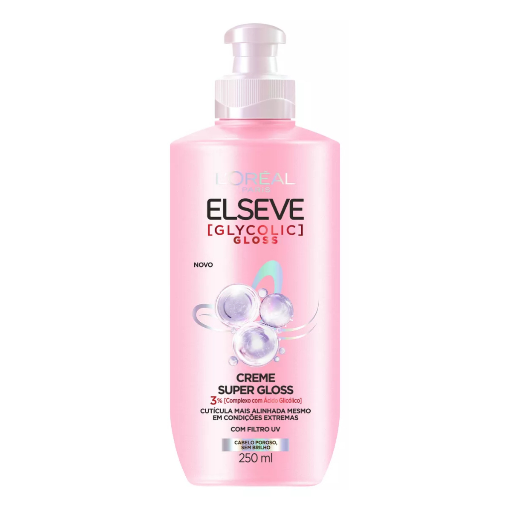 Imagem Creme de Pentear Gloss, com Ácido Glicólico, Controla o Frizz, com Proteção Térmica e UV, Elseve Glycolic Gloss 250ml