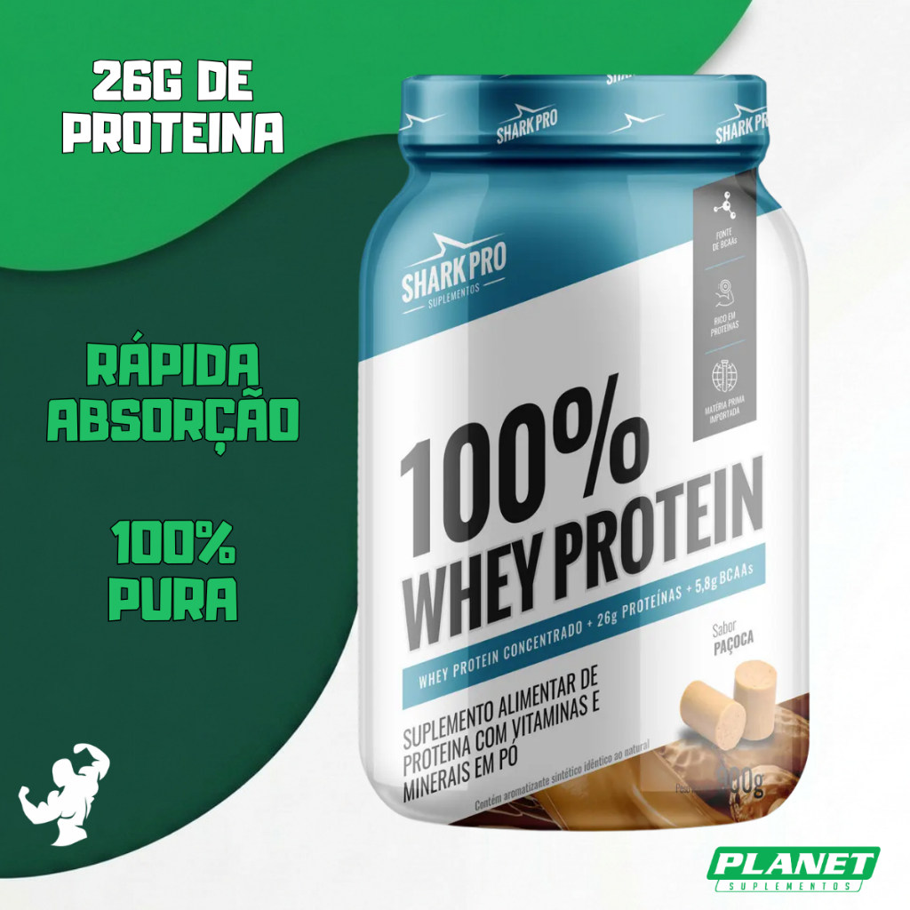 100% Whey Protein 900g Shark Pro Ganhos de Massa Muscular Definição Performance Alta Proteína Sabor