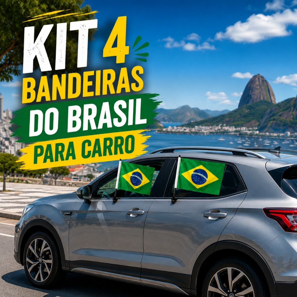 Kit 2/4 Bandeira do Brasil Montada para Carro 20x30 Cm Tecido 100% Poliéster - Copa do Mundo