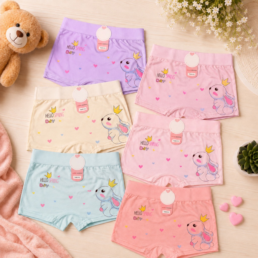 Kit Com 02/03/05/10 Calcinha Importada Shortinho Box Infantil Estampada Para Menina Tam 02 a 10 Anos Cores Sortidas