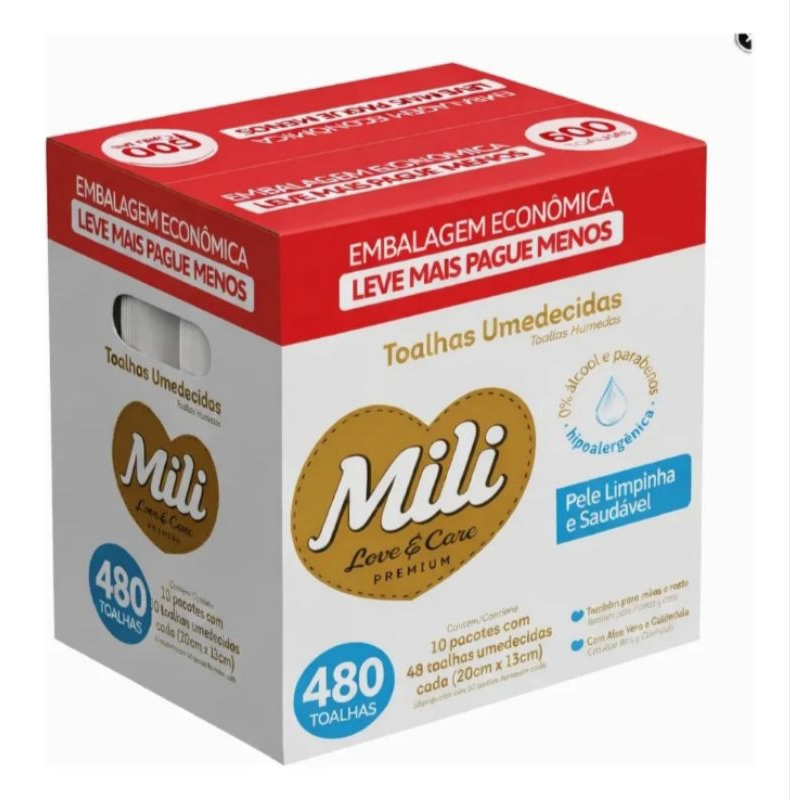 Kit 10 Pacotes Toalhas Umedecidas Mili Love & Care Premium 48 Unidades Cada | Total 480 Toalhas | Sem Álcool e Parabenos