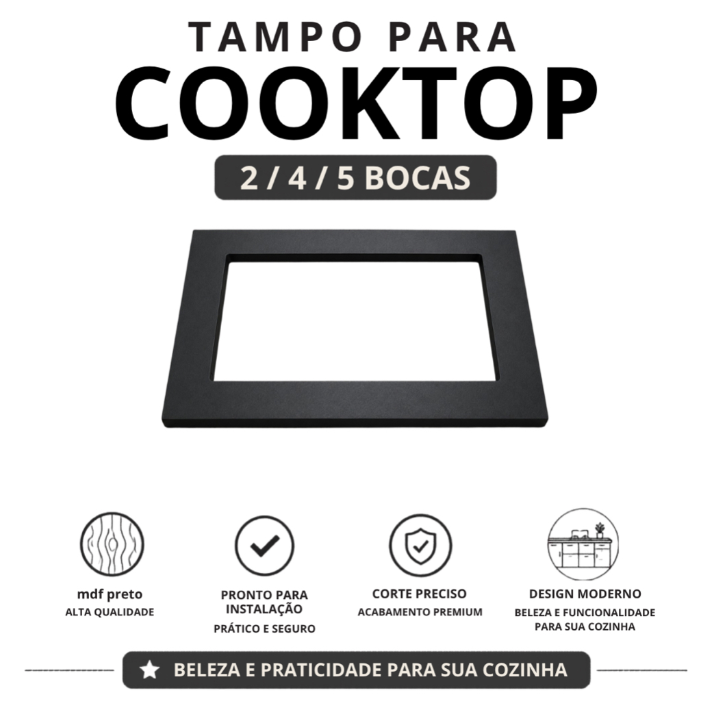 Balcão Cooktop MDF Preto 2/4/5 Bocas Pronto para Instalação Fogao mesa