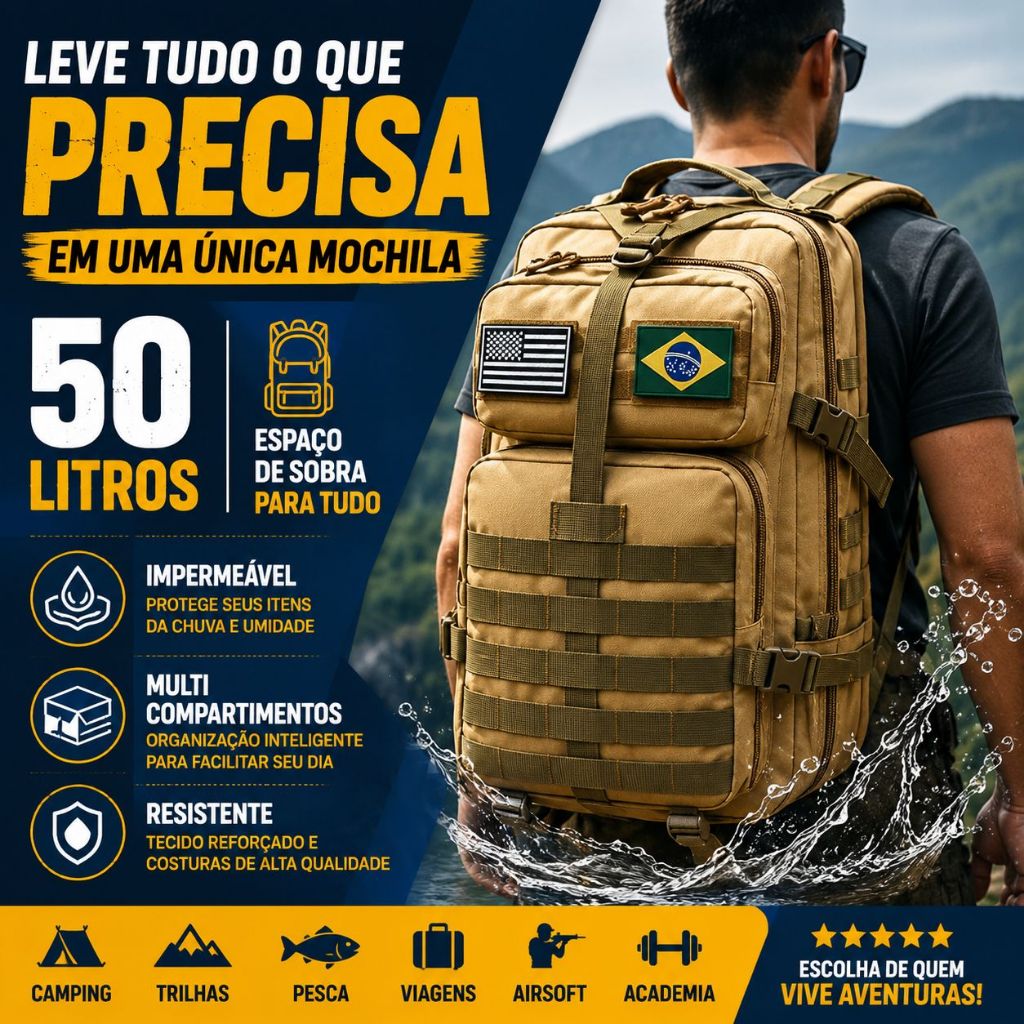 Mochila Tática Militar 50L Impermeável Super Reforçada Camping Trilha Viagem Resistente Grande
