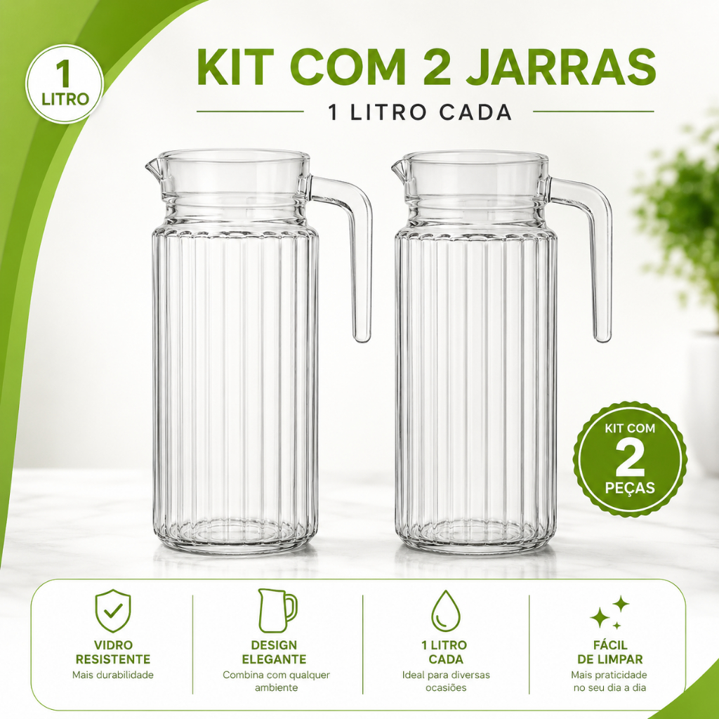 2 Jarras De 1 Litro Vidro Grosso Para Suco Agua Com Tampa Alça Transparente